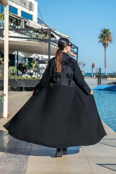 Crepe and pleated abaya with printed cotton velvet IB267